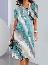 levne Šaty umění a designu-Elegantní dámské večerní midi šaty s krátkým rukávem a výstřihem do krku A-line šaty ležérní boho regular fit ombre grafika geometrická černá víno modrá nebeská modrá