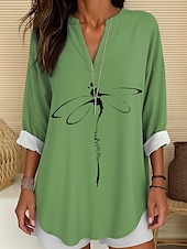 abordables Animaux Tops-Femmes Chemisier Graphique Animal Libellule ancien Tropical Hawaïen manche longue Col en V Hauts Réguliers Quotidien Fête Tenue de plage Imprimé Blanche Bleu Violet Vert Été Printemps