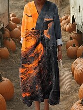 billiga Halloween klänning-Halloween Kvinnors Midi Klänning V-Utringad Lång Ärm Kaftan Lätt Lös Passform A-Linje Klänning Avslappnad Boho Gå Ut Grafisk Lång Ärm V-Utringad Blå Orange Grön Höst