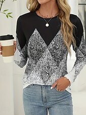 billige Stripe og geometrisk t-skjorte-Dame T skjorte Grafisk Geometrisk Årgang Stilfull Klassisk Langermet Crew-hals Vanlige topper Daglig Sport Ut på byen Trykt mønster Svart Grå Sommer Vår Høst