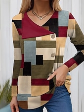 billige Stripe og geometrisk t-skjorte-Dame T skjorte Grafisk Geometrisk Mote Fritid Langermet Crew-hals Vanlige topper Daglig Lapper Knapper Trykt mønster Rød Blå Brun Grønn Vår Høst Vinter