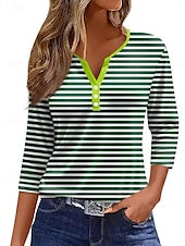 economico T-shirt a righe e geometrico-Per donna Camicia Bottoni Stampato A righe Elegante Casual Manica Lunga Scollo a V Top Regolari Quotidiano Blu Bianco Vino Verde Estate Primavera Autunno