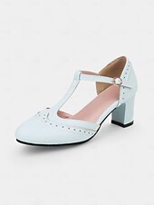 ieftine anii 1950-Tocuri roz cu bareta în T pentru femei - pantofi retro cu toc mediu, detalii brogue și cataramă reglabilă pentru petreceri de ceai, ținute de zi cu zi și ținute inspirate din anii 1950