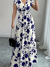 tanie Sukienki kwiatowe-Damskie Sukienka maxi Sukienka A line Urlop Codzienny Boho Na zewnątrz Wyjściowe Luźny / a Kwiaty Krótki rękaw W serek Czarny Czerwony Niebieski Pomarańczowy Lato