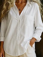 economico Camicie-Camicia da donna in 100% cotone, tinta unita, stile bohémien, vintage, da giorno, a maniche lunghe, con colletto, da giorno, per le feste, con tasca, bianca, rosa, rossa, blu, viola, primavera,