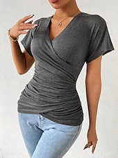 voordelige Sexy topjes voor dames-Dames Zomer tops Effen Stijlvol Modern Korte mouw V-hals Normale tops Dagelijks Feestdagen Met ruches blauw Grijs Zomer