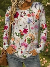 ieftine tricou floral-Pentru femei Tricou Floral Grafic Plante Epocă Stilat Clasic Manșon Lung Stil Nautic Rotund Topuri obișnuite Zilnic Imprimeu Galben Roșu-aprins Albastru piscină Mov Trifoi Vară Primăvară Toamnă