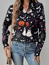 cheap Halloween Tops-Halloween Women&#039;s Shirt Graphic Pumpkin Ghost Elegant Vintage Tropical Long Sleeve Bishop Sleeve Shirt Collar Regular Tops Daily Holiday Print Black Orange Summer Spring Fall