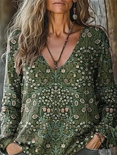 abordables Tops bohèmes-Femmes Chemisier Fleuri Bohème ancien manche longue Col en V Hauts Réguliers Quotidien Fête Imprimé Vert herbe Vert Claire Vin Vert Véronèse Rouge Été Printemps Automne