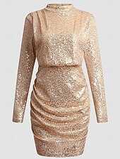 preiswerte Paillettenkleider-Damen Minikleid Paillettenkleid Cocktailkleid Mode Modern Abendgesellschaft Cocktailparty Normale Passform Einfach Langarm Hoher Ausschnitt Champagner Frühling Herbst