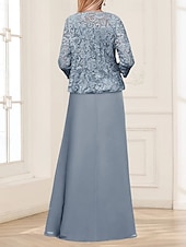 voordelige Met Jas-Tweedelig A-lijn Moeder van de bruid jurk Elegant Eenvoudig minimalistische Vierkante hals Tot de grond Chiffon Geribd kant Mouwloos 3/4 mouw met Plooien Ruches Gelaagde ruches 2025
