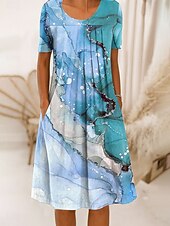 preiswerte Kunst &amp; Design Kleid-Damen Midikleid Shiftkleid A Linie Kleid Sommerkleid Elegant Urlaub Lässig Normale Passform Grafik Marmor Kurzarm Rundhalsausschnitt Rosa Blau Grün Sommer Frühling