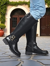 abordables Botas para montar-Botas de montar hasta la rodilla para mujer en color café con detalle de hebilla: botas clásicas de piel sintética de pantorrilla ancha para otoño, viajes y uso diario.