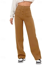 ieftine picior lat și talie înaltă-Pentru femei Picior Larg Pantaloni Drept Șic Stradă Casual Lungime totală Natural Simplu Buzunar Talie elastică Cataramă Comfortabil În aer liber Stradă Ieșire Măr Verde Gri Închis Roșu portocaliu