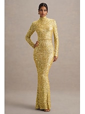 economico Abiti da sera a tubino-Abito da sera elegante in velluto dorato con paillettes a sirena  tromba lungo maniche lunghe collo a finto collo con glitter