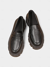 abordables Chaussures sans lacet et mocassins femme-Mocassins noirs épais pour femmes avec semelle plateforme - chaussures décontractées à enfiler tendance pour un usage quotidien, au bureau et en week-end