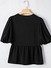 abordables Hauts Unis pour Femmes-Femmes Chemisier Uni Moderne Occasionnel Manche Courte Col ras du cou Hauts Réguliers Quotidien Fête Sortir Œillet Noir Automne