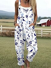 preiswerte lässige Overalls-Damen Strampler Aktiv Grafik Ärmellos Gerade Knöpfe Urlaub Straße Lässiger Schnitt Weiß Hellgrün Blau Sommer