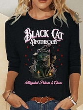 abordables Hauts d&amp;#39;Halloween-Halloween Femmes T-shirt Graphique Animal Chat ancien Mode Élégant manche longue Col ras du cou Col rond Hauts Réguliers Quotidien Week-end Imprimé Noir Rose Claire Bleu Été Printemps Automne