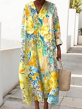 abordables Art &amp; Design Robes-Femmes Robe Midi Robe d&#039;Été Robe trapèze Vacances Occasionnel Quotidien Graphique Géométrique manche longue Col en V Bleu marine Jaune Vert Beige Été Printemps Automne