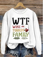 cheap Humor&amp;Quotes Tops-Women&#039;s Casual Wtf Wine Turkey Family Print Hoodies Letter Casual Long Sleeve Round Neck Regular Tops Work White Orange Green Gray Fall Winter