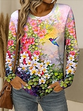 billige Blomster t-skjorte-Dame T skjorte Blomstret Grafisk Fugl Årgang Stilfull Klassisk Langermet Crew-hals Rund hals Vanlige topper Daglig Helg Trykt mønster Gul Rød Blå Lilla Grønn Sommer Vår Høst