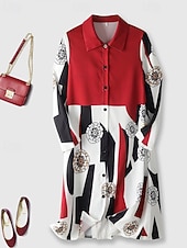 preiswerte Elegante Blumenkleider-Damen Langes Kleid Maxikleid Hemdblusenkleid Freizeitkleid Elegant Mode Modern Outdoor Party Ferien Normale Passform Farbblock Langarm Hemdkragen Wein Frühling Herbst