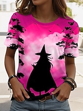 ieftine Topuri de Halloween-Halloween Pentru femei Tricou Grafic Halloween Epocă Stilat Clasic Manșon scurt Stil Nautic Rotund Topuri obișnuite Zilnic Sfârșit de săptămână Imprimeu Negru Roz Îmbujorat Albastru piscină Albastru