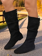 olcso Slouch Boots-női fekete művelúr térdig érő csizma állítható fűzővel – stílusos és kényelmes lábbeli mindennapi és hétköznapi viseletre