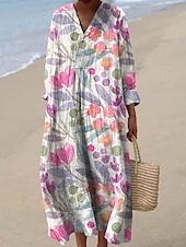 billiga Blommiga klänningar-Dam Maxiklänning Solklänning A linjeklänning Semester Ledigt Boho Utekväll Strand Blommig Grafisk Långärmad V-hals Vit Rodnande Rosa Orange Naturvit Sommar Vår Höst