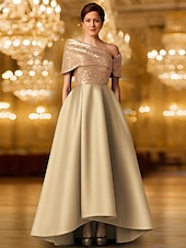 abordables Robes de Soirée-Robe de soirée trapèze à paillettes et cravate noire, élégante, longueur au sol, manches courtes, une épaule, poche, satin extensible avec châle pailleté, 2025