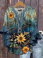 cheap Floral Tops-Easter Women&#039;s Blouse Floral Graphic Elegant Bohemia Ethnic 3/4 Length Sleeve V Neck Regular Tops Daily Holiday Vacation Wear Ruffle Print White Light Green Blue Purple Green Summer Spring Fall