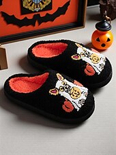 abordables Pour les femmes-Chaussons unisexes en polaire brodés pour chien d&#039;Halloween – chaussures d&#039;intérieur confortables avec motif citrouille pour femmes et hommes