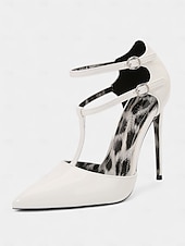abordables Fête de la Vie Nocturne-Escarpins à talons aiguilles en cuir verni blanc pour femmes avec double bride - Escarpins à bout pointu sexy pour la vie nocturne et les soirées en club