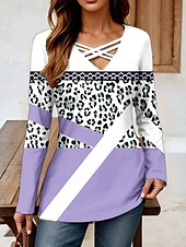 ieftine Tricou cu dungi și geometric-Pentru femei Tricou Grafic Animal Leopard Epocă Stilat Clasic Manșon Lung În V Topuri obișnuite Zilnic Eliminat Imprimeu Roz Îmbujorat Mov Albastru Deschis Primăvară Toamnă