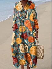 economico Abito di Halloween-Vestito lungo da donna per Halloween, estivo, a trapezio, per vacanze, casual, stile boho, per uscire, in spiaggia, floreale, grafico, manica lunga, scollo a V, rosa, blu, bianco sporco, estate,