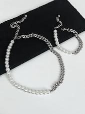 tanie Biżuteria męska-męski zestaw biżuterii z pereł i łańcuszków – modny naszyjnik i bransoletka z pół perły, pół metalu na styl uliczny, hip-hopowy i imprezowy