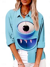 economico Animali Tops-Per donna Camicia 3D Attivo Quotidiano Elegante Manica Lunga Colletto a Camicia Top Regolari Quotidiano Ferie Bottoni Stampato Blu Azzurro Estate Primavera Autunno