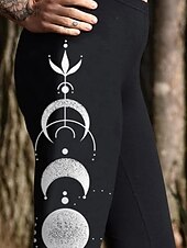 billiga -Dam Viking Byxor Damasker Mysiga leggings Streetwear Ledigt Fullängd Hög midja MOON Elastisk midja Mönster Mateial som andas Bekväm Elastisk Semester Gata Dagliga kläder Svart Vår Höst Normal