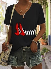abordables T-shirt Art &amp; Design-Halloween Femmes T-shirt Graphique Halloween ancien Élégant Classique Manche Courte Col en V Hauts Réguliers Quotidien Imprimé Noir Blanche Bleu Vert Été Printemps