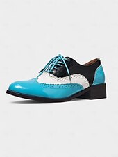 abordables Années 1950-Richelieus Oxford en cuir verni jaune pour femme – Chaussures habillées à lacets et bout golf colorblock, style vintage britannique des années 1950 pour le bureau, l&#039;école et le streetwear