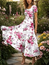 preiswerte Blumenkleider-Damen Maxikleid Strickkleid Freizeitkleid A Linie Kleid Sommerkleid Elegant Urlaub Lässig Normale Passform Blumen Grafik Kurzarm Quadrathals Rundausschnitt Schwarz Gelb Rote Blau Sommer Frühling
