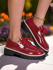 cheap Women&#039;s Oxfords-Women&#039;s Red Patent Leather Oxford Shoes – Chunky Sole Lace-Up Flats for Daily Wear, School &amp; Urban Street Style