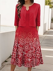 abordables Robe Boho-Femmes Robe Ensemble Robe trapèze Robe d&#039;été Occasionnel Robes semi-formelles A Ombre Géométrique Imprimé Robe Midi Demi Manches Col en V Vacances Date Vert Claire Rouge Bleu Été Printemps Coupe