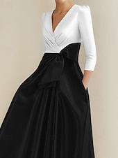 baratos Vestidos de Cocktail-Vestidos de Coquetel A-Line Vestido Elegante Formal Casamento Comprimento Chá Comprimento Midi Manga Curta Decote em V Pregas Cetim com Bolso e Laço