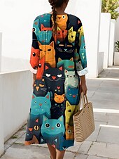 preiswerte Streifen- und geometrische Kleider-Damen Midikleid Sommerkleid Shiftkleid Urlaub Lässig Strand Ausgehen Strand Lässiger Schnitt Grafik Tiermotiv Langarm V Ausschnitt Schwarz Weiß Grün Sommer Frühling Herbst