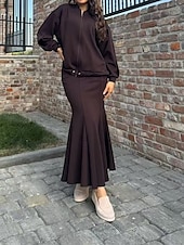 abordables Ensembles chemisiers pour femmes-Femmes Robe Ensemble Robe d&#039;été Robe Midi Occasionnel Uni Fermeture éclair Robe maxi manche longue Col en V Extérieur Date Noir Vin Café Été Coupe Ample