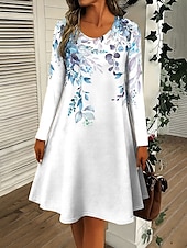 abordables Robe Fleurie-Robe courte pour femme à col rond manches longues robe décontractée robe T-shirt robe Tee robe évasée robe décontractée coupe régulière graphique floral rose bleu violet vert automne hiver