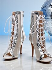 baratos Sapatos de Dança Latina-Botas de dança de salto alto com cadarço branco e prata para mulheres - sapatos profissionais de dança de jazz latino com biqueira aberta para palco e festa