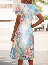 abordables Robes fleuries-Femmes Mini Robe Robe T-Shirt Robe d&#039;Été Robe trapèze Vacances Occasionnel Chaussures de plage Sortir Plage Fleuri Graphique Manche Courte Col en V Vert Claire Marron clair Violet Lilas Été